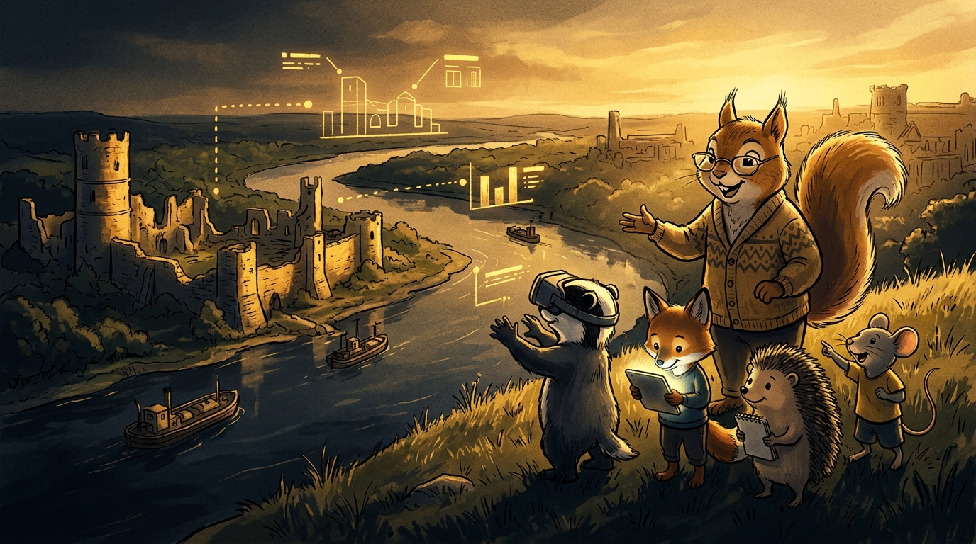 A squirrel teacher and pupils on a hillside with augmented-reality labels over a river valley