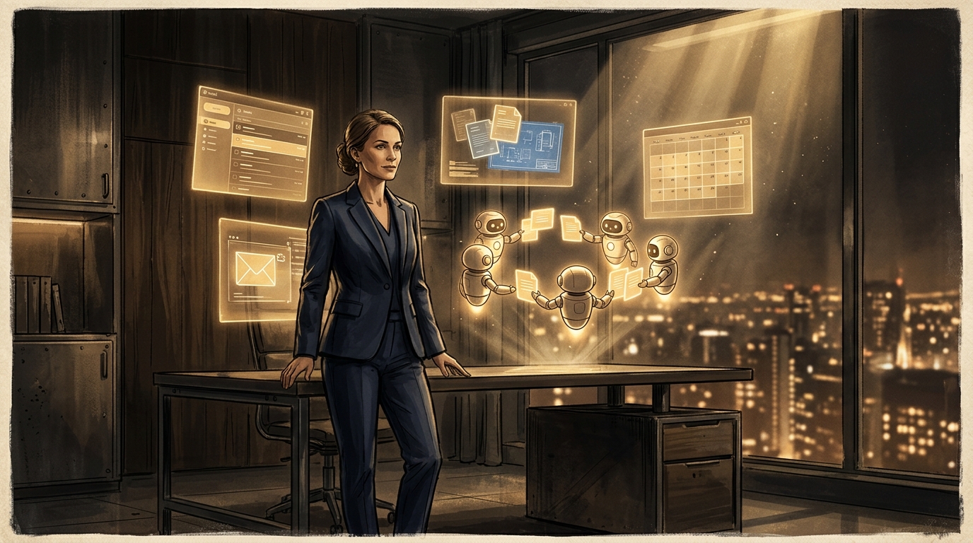 An AI assistant in a navy suit with holographic documents and a ring of small agents