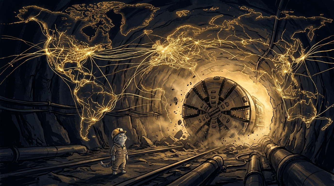 A tunnel boring machine breaking through rock under a glowing map of network routes