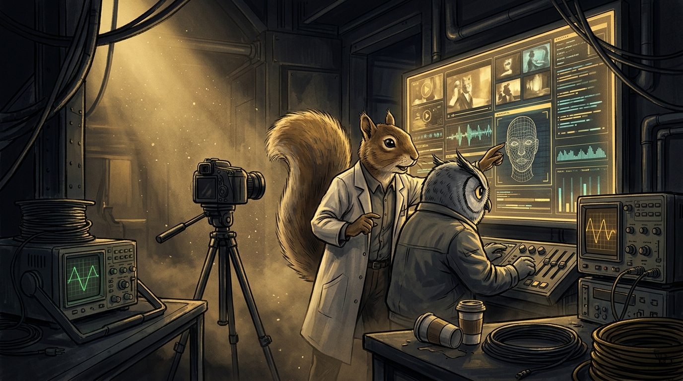 A squirrel scientist and an owl engineer at a wall of video and signal monitors