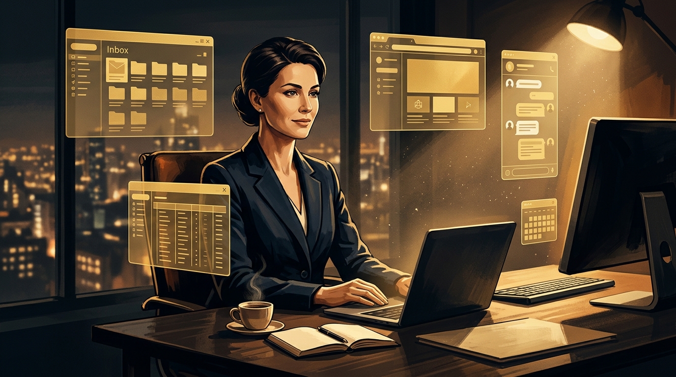 Caroline, an AI secretary at her desk, surrounded by floating windows of mail, browser, chat and calendar