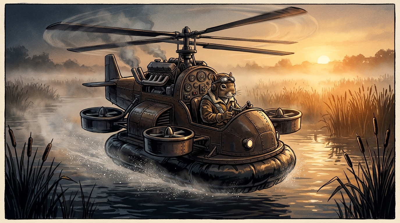 The Flying Squirrel hybrid craft with a squirrel pilot hovering over a misty wetland on an air cushion