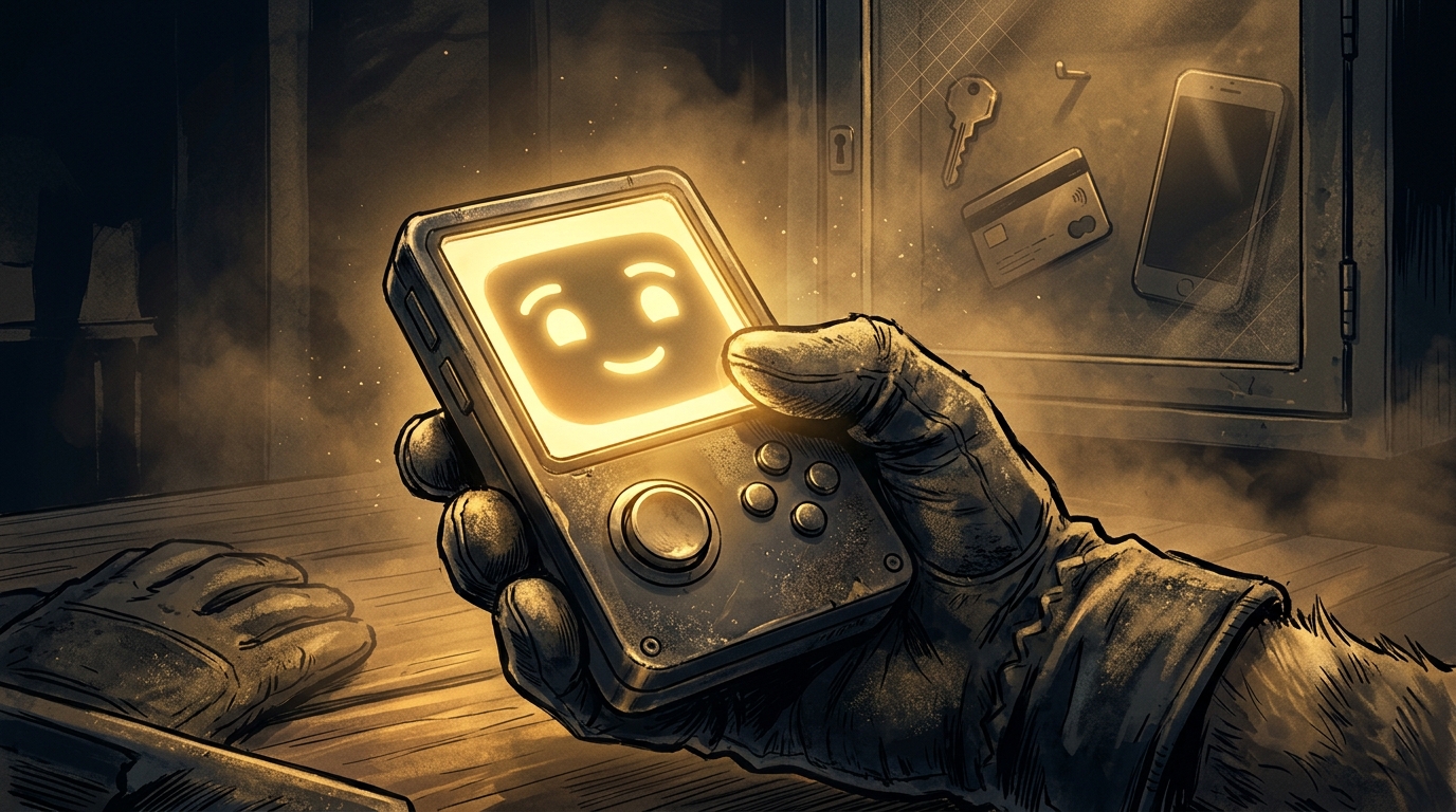 A glowing pocket device with a friendly assistant face, with a phone and bank card locked away behind glass