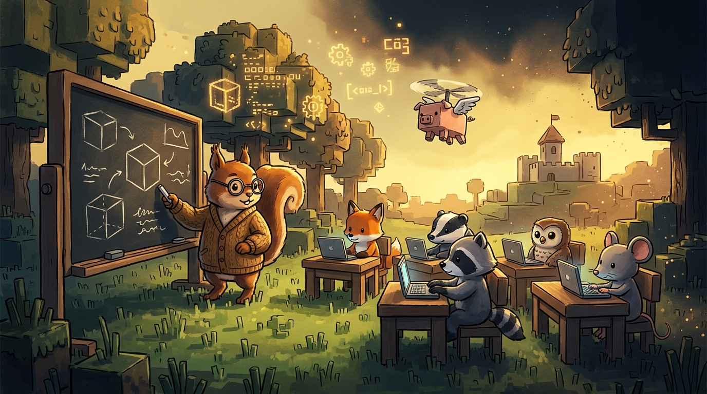 A squirrel teacher at a blackboard teaching animal pupils with laptops in a blocky cube-world meadow