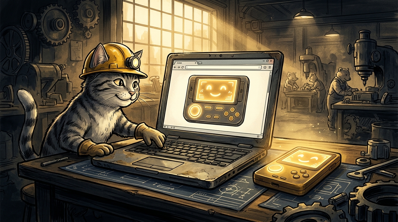 A cat engineer in a yellow hard hat at a laptop whose browser shows the IntelliCat device, next to the real pocket device