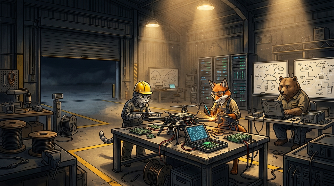 Engineers assembling a drone, circuit boards and servers in a hangar workshop